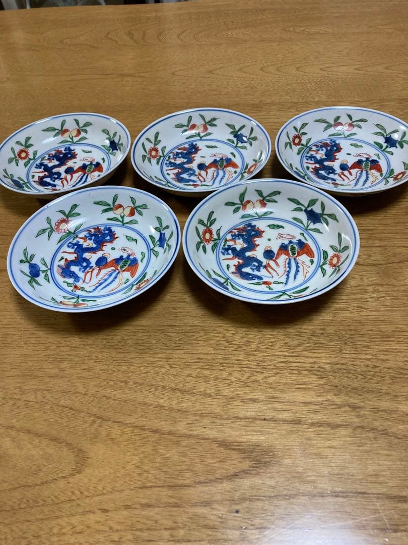 大明萬暦年製龍の画13cm皿5枚