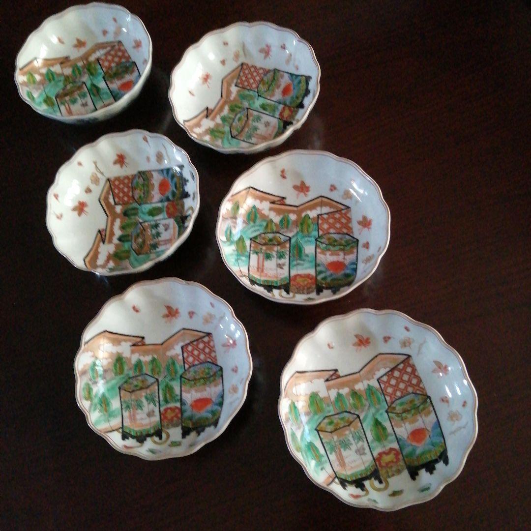 伊万里　錦灯灯籠画膾皿　6客　15cm　明治期