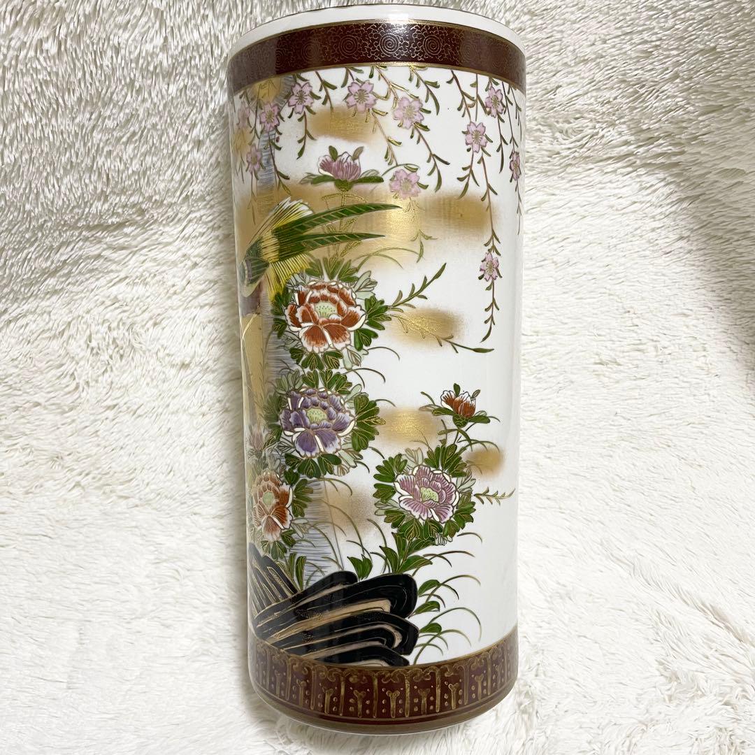 新品未使用 九谷焼 高級傘立て 金緑 花と鳥 手描き手作 開運 風水 開運 金運