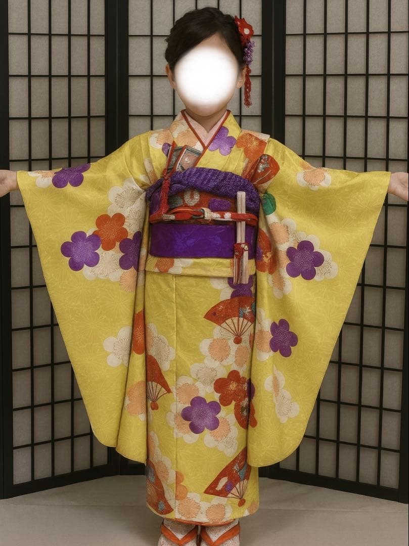 七五三　着物セット　7歳　5歳　レモンイエロー　黄色　キュート　ポップ　個性的