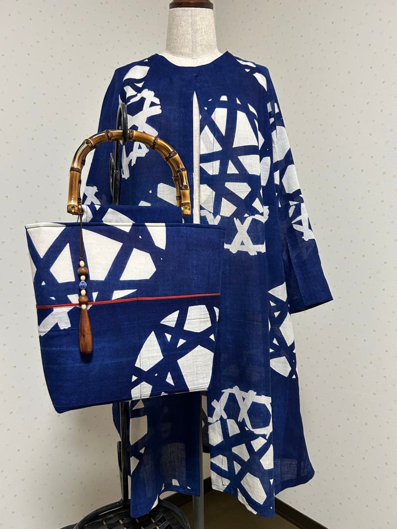 着物リメイク　アンティーク藍本染浴衣　綿　夏物ロングコート＊トートバッグ