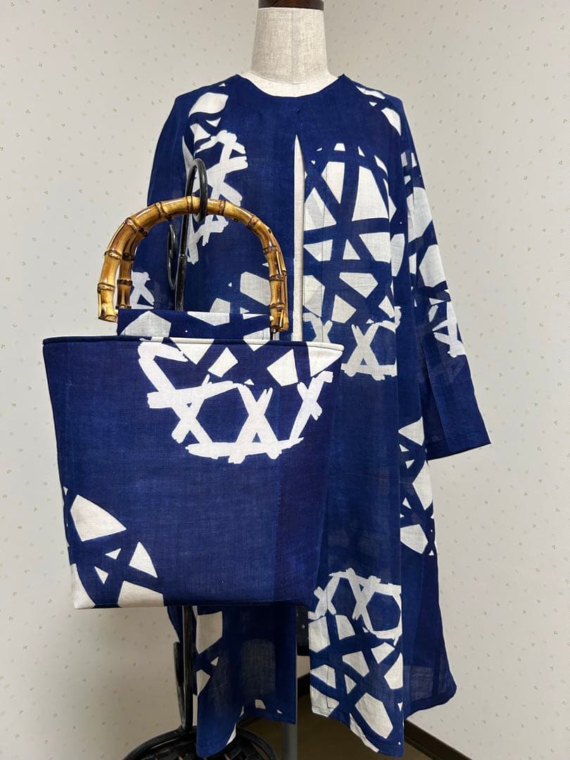 着物リメイク　アンティーク藍本染浴衣　綿　夏物ロングコート＊トートバッグ