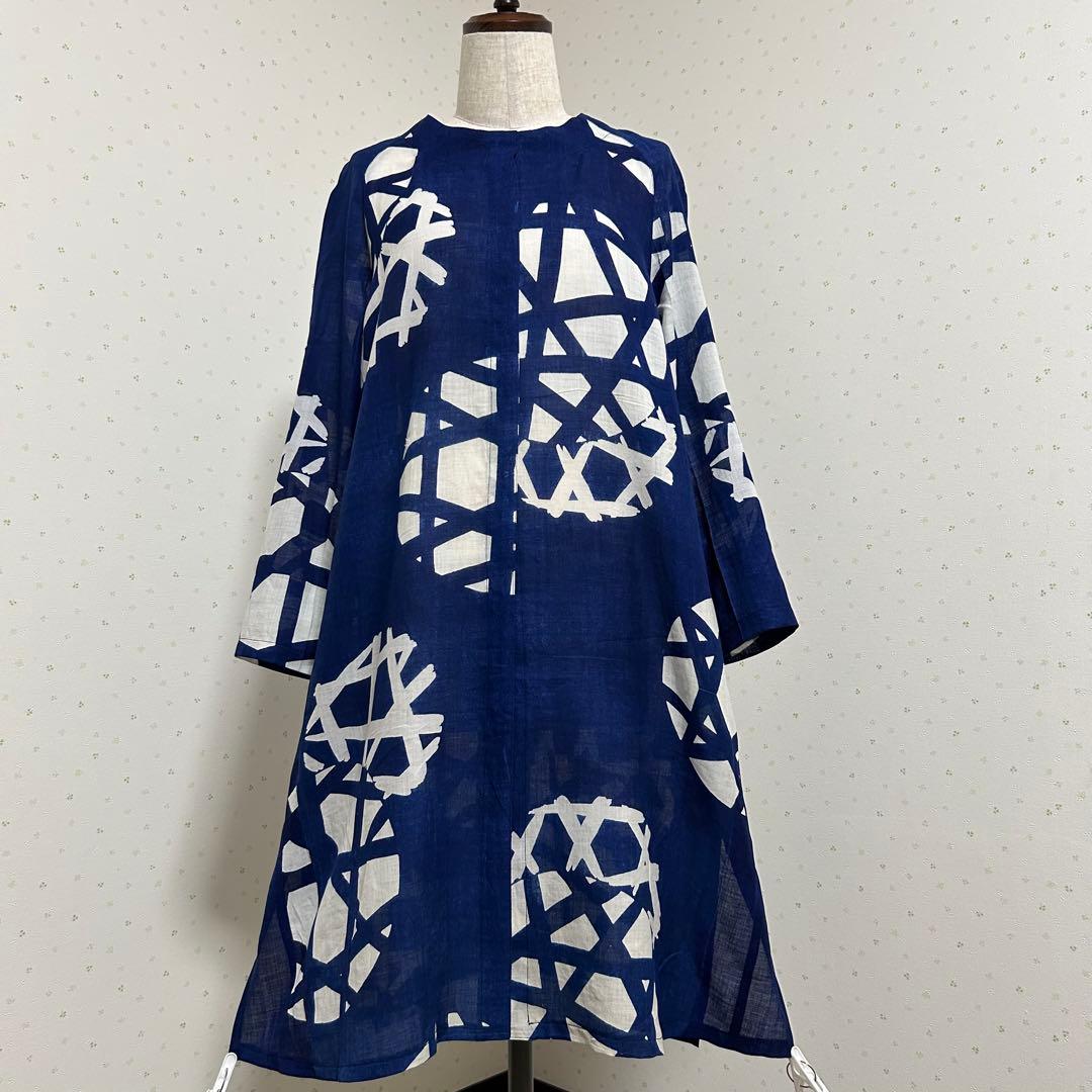 着物リメイク　アンティーク藍本染浴衣　綿　夏物ロングコート＊トートバッグ