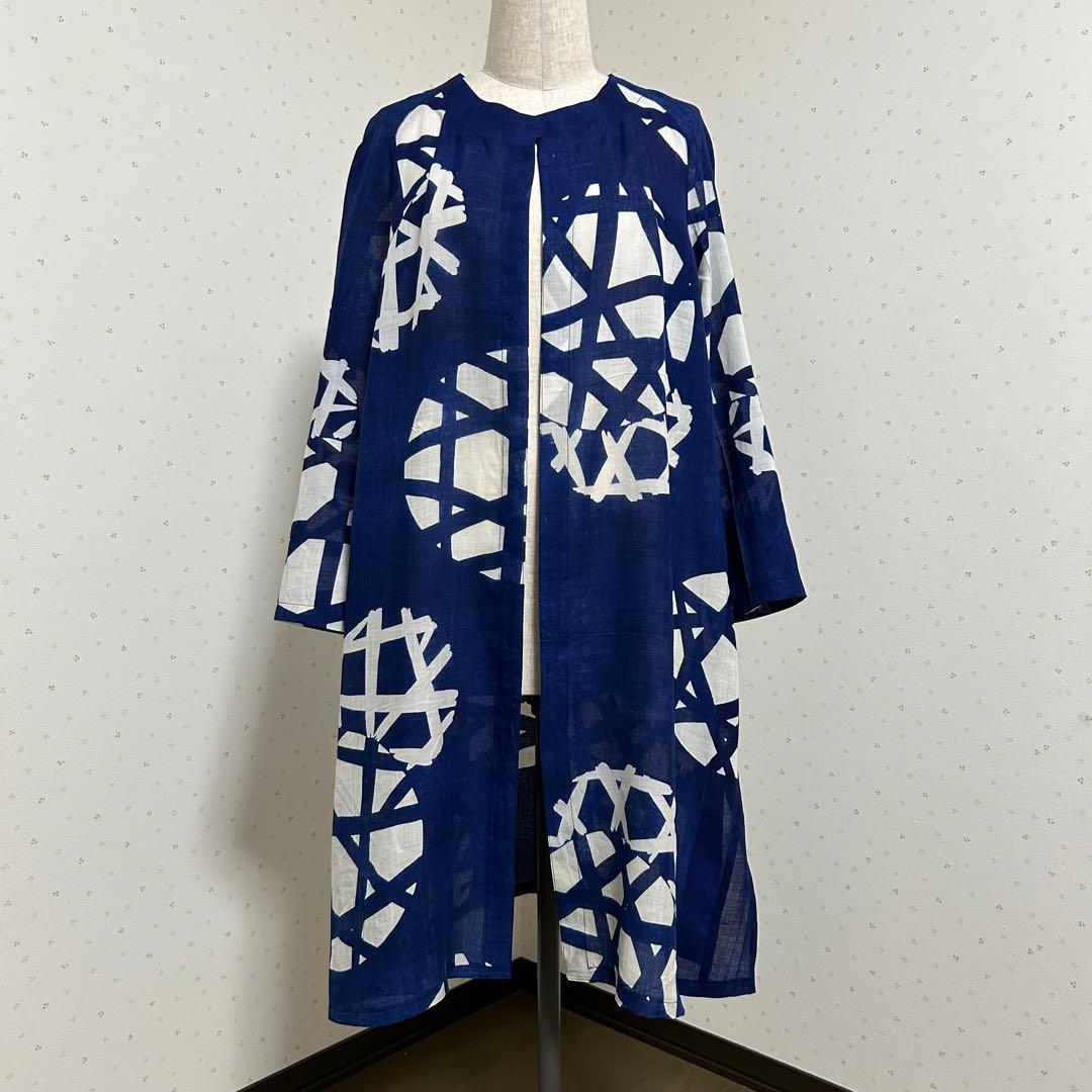 着物リメイク　アンティーク藍本染浴衣　綿　夏物ロングコート＊トートバッグ
