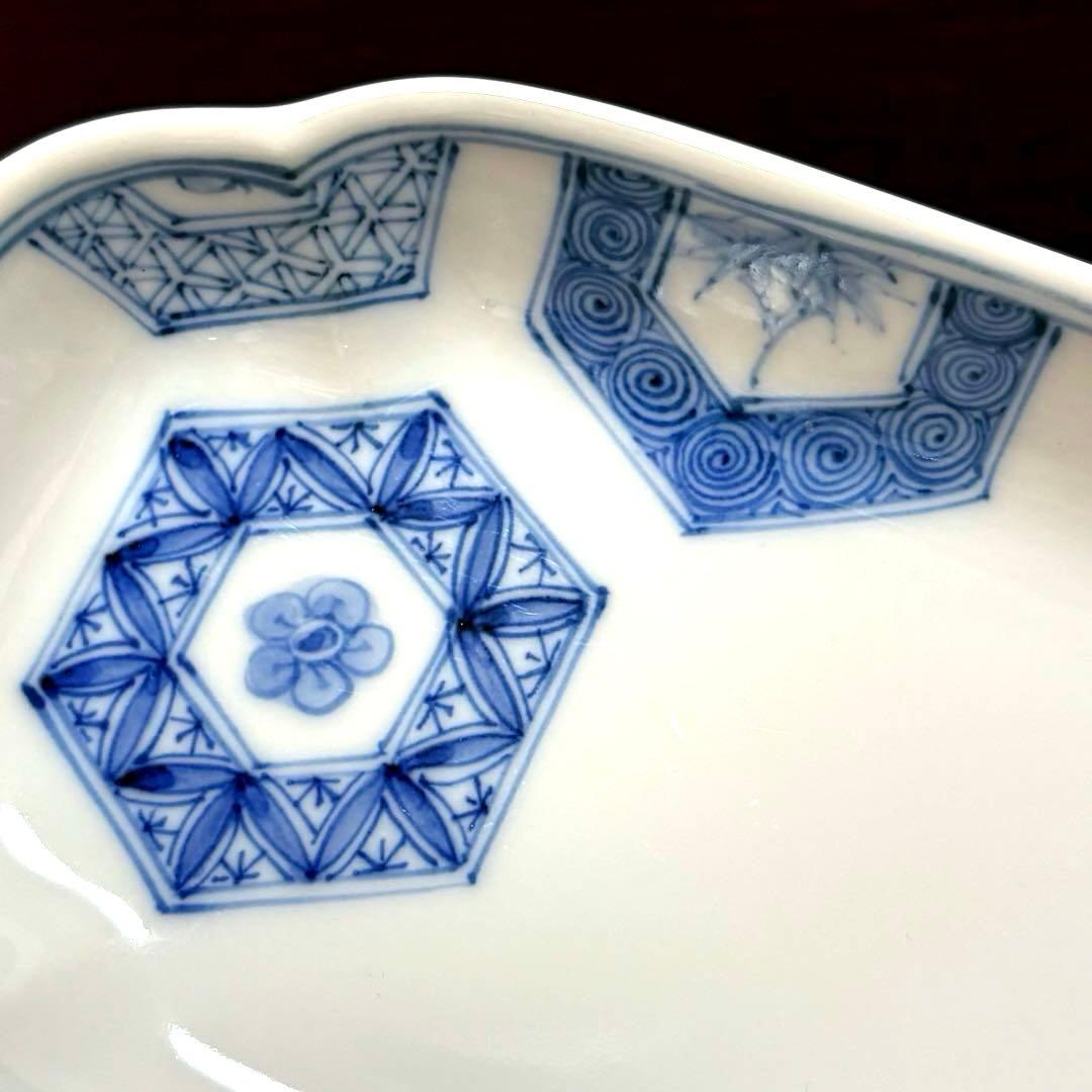 中古美品✨九谷焼 宮内庁御用達 長左窯 青華祥瑞小紋 輪花長皿✨中皿 山本長左