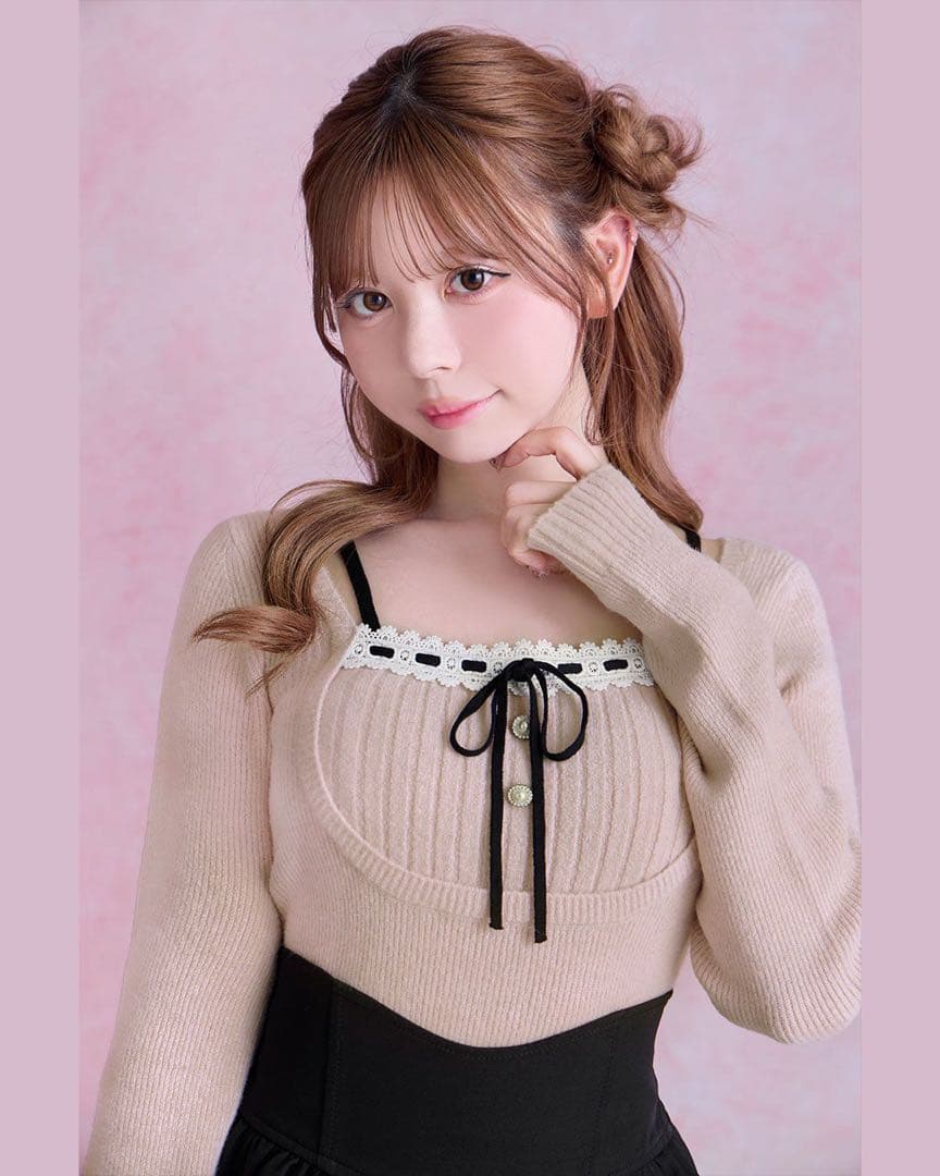 ミシェルマカロン リボンリブニットトップス ピンク XS