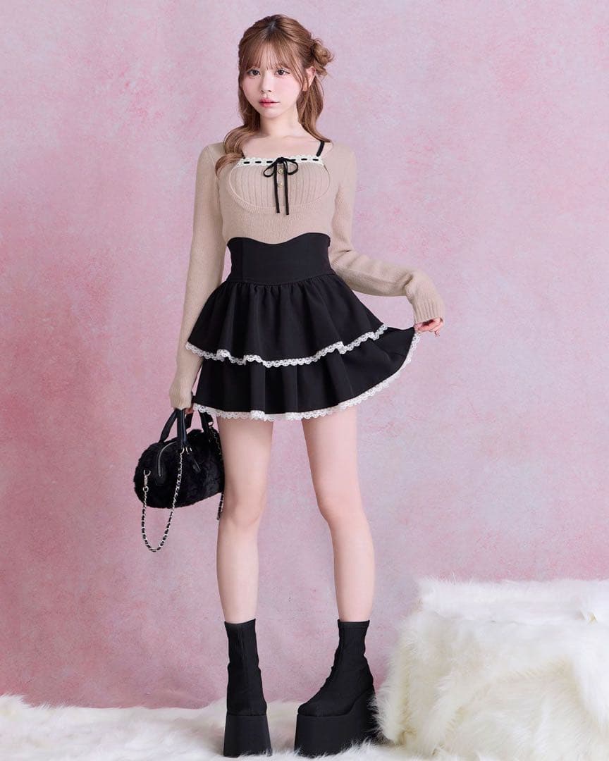 ミシェルマカロン リボンリブニットトップス ピンク XS