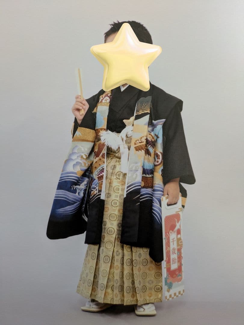 七五三 着物セット 5歳 男の子用 黒地 波と武士のデザイン