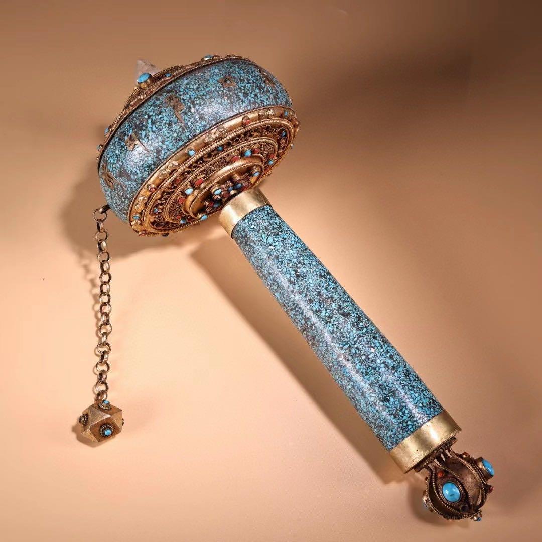 珍品、旧蔵、チベット所蔵、工芸造糸締めはめ込み宝石鎏金転経輪、経巻が入っておる