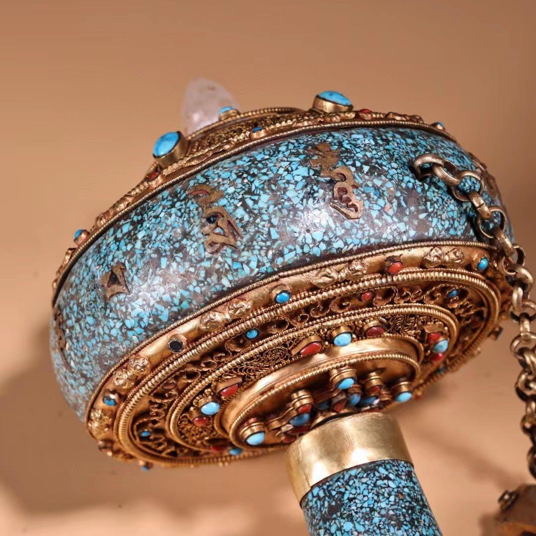 珍品、旧蔵、チベット所蔵、工芸造糸締めはめ込み宝石鎏金転経輪、経巻が入っておる