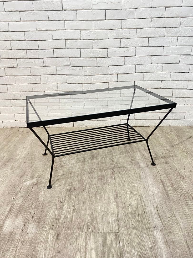 ① 【東京都内23区配送無料】unico エディ ガラス　アイアン ローテーブル