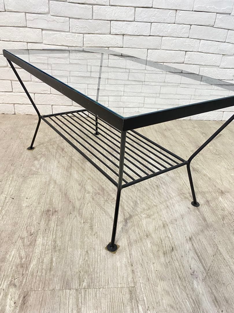 ① 【東京都内23区配送無料】unico エディ ガラス　アイアン ローテーブル