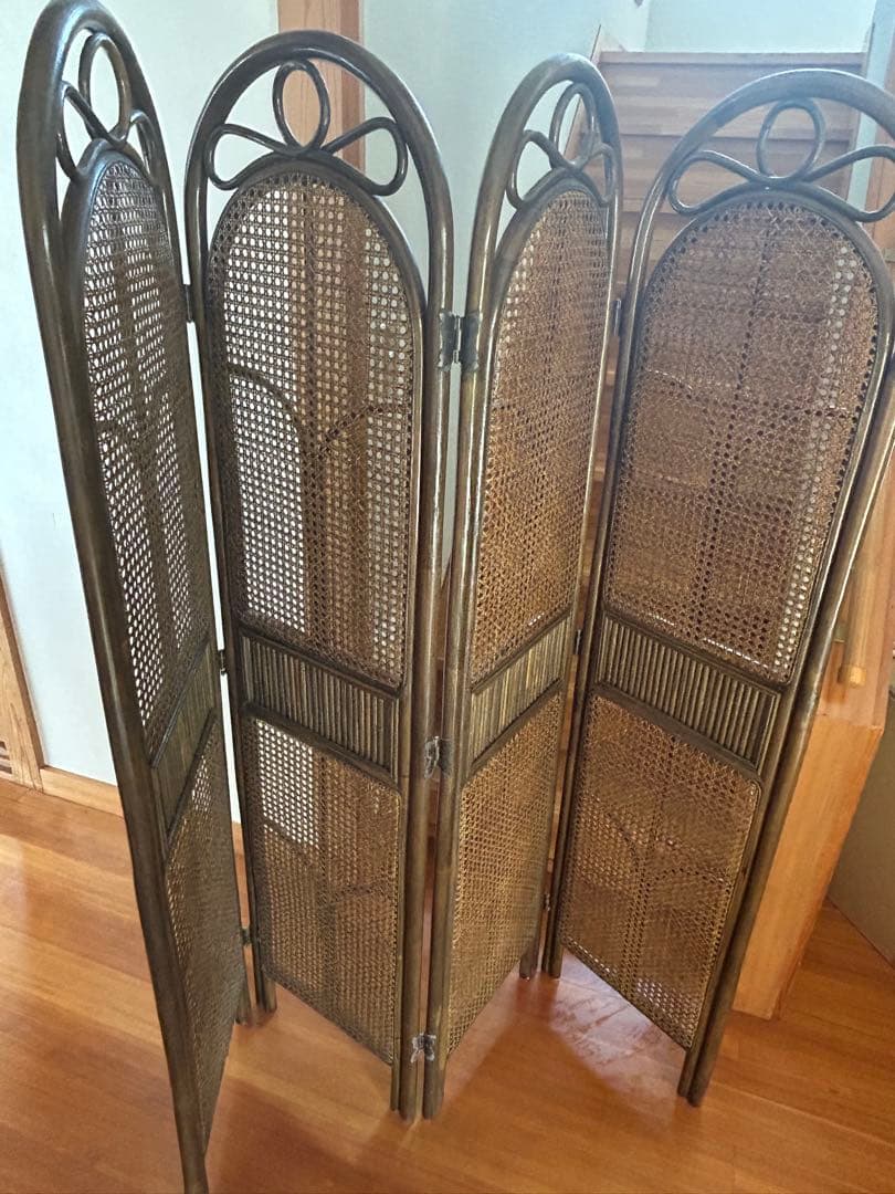ラタン 4連 パーテーション 衝立 間仕切り ヴィンテージ 昭和レトロ
