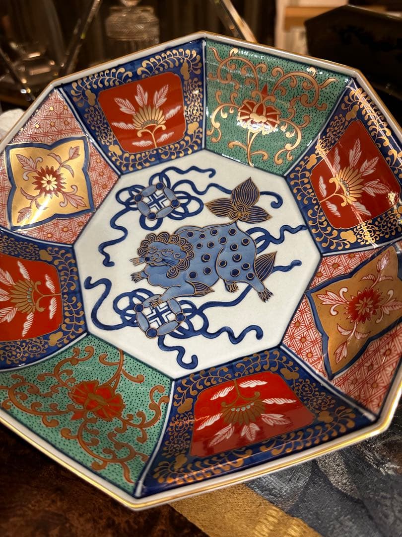 林九郎　金彩古伊万里　獅子　八角鉢