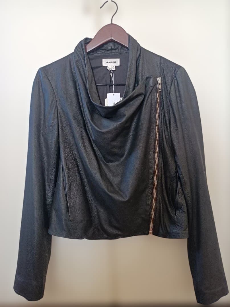 HELMUT LANG ブラックレザー変形ドレープカラージャケット