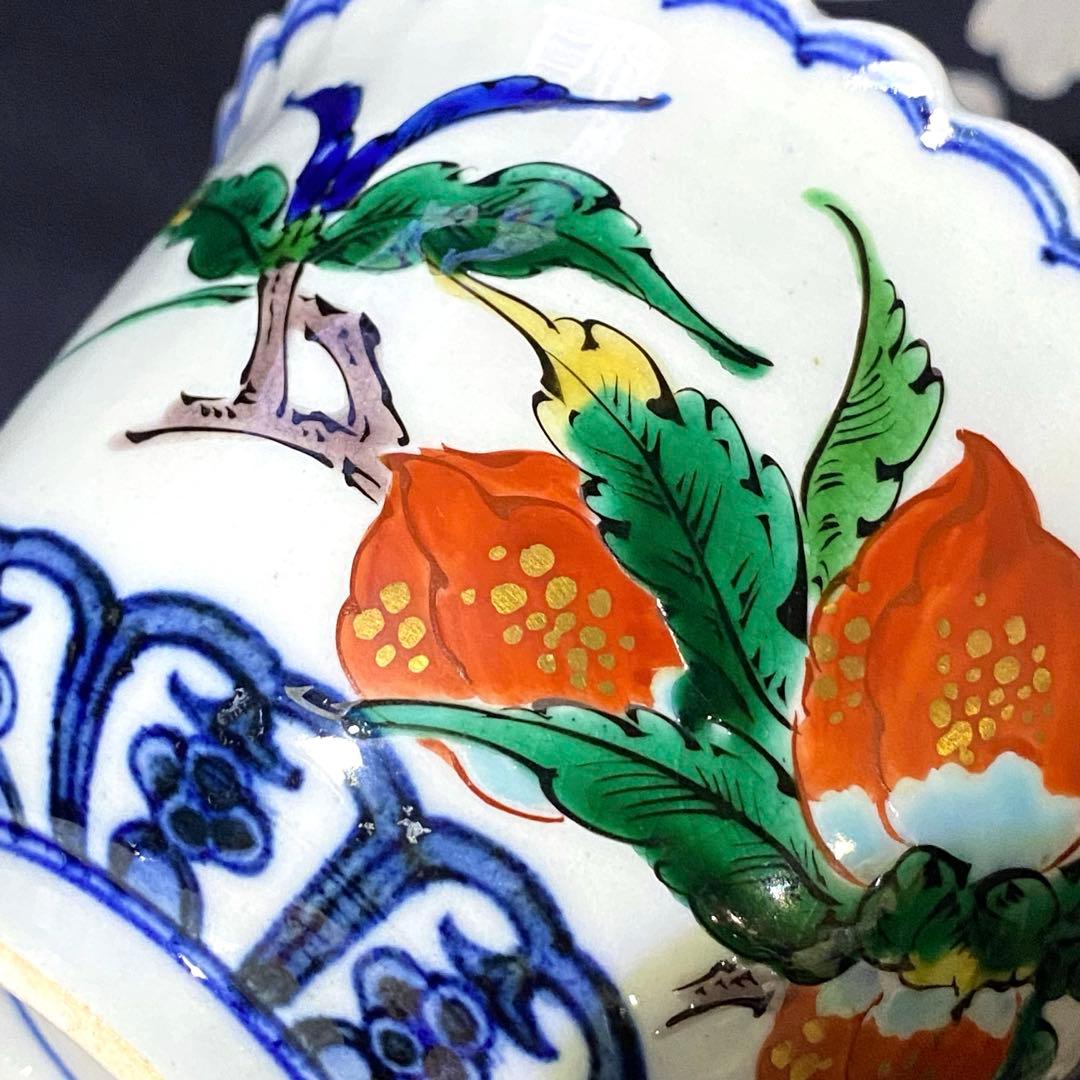 時代物・骨董　九谷焼　美山窯　四寸鉢　輪花小鉢・菊割・向付　呉須手描き桃柄　二客