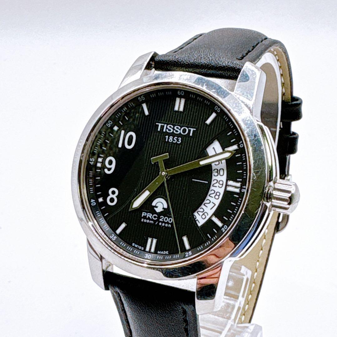 稼働品 TISSOT PRC200 ブラック デイト メンズ 腕時計 革ベルト