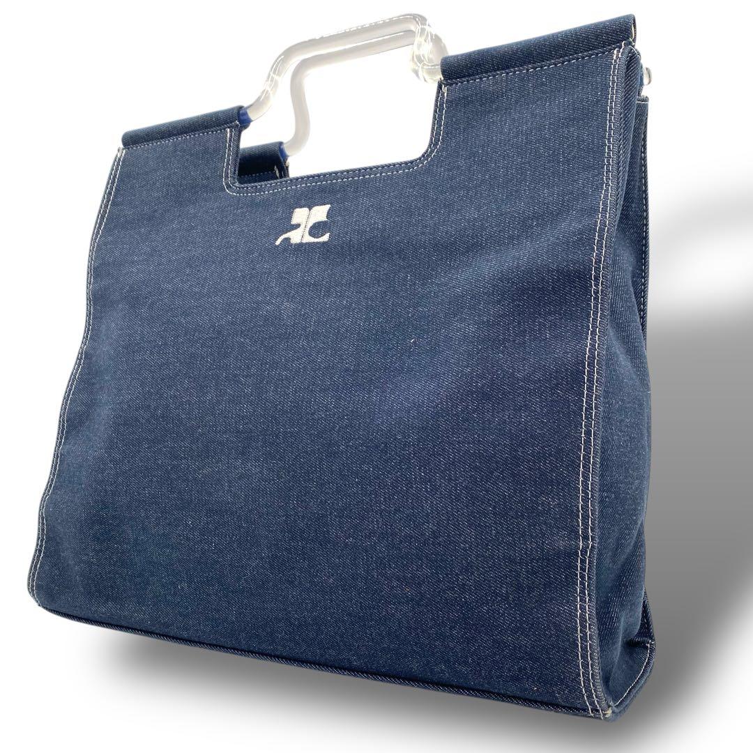 美品希少✨ クレージュ ハンドバッグ クリアハンドル 希少 ロゴ刺繍 インディゴ