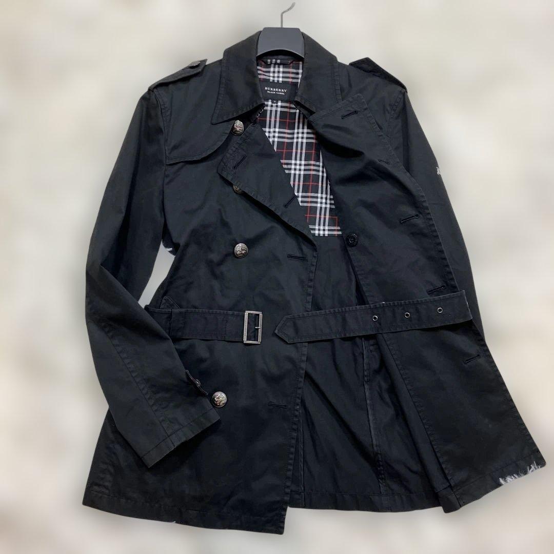 美品 バーバリーブラックレーベル トレンチコート ホースロゴ 銀ボタン 黒 M