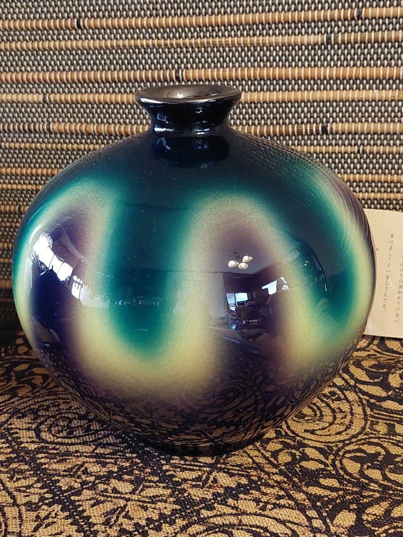 翠彩 陶器製 丸型花瓶⭐黒翠七宝☆花瓶☆翠彩
