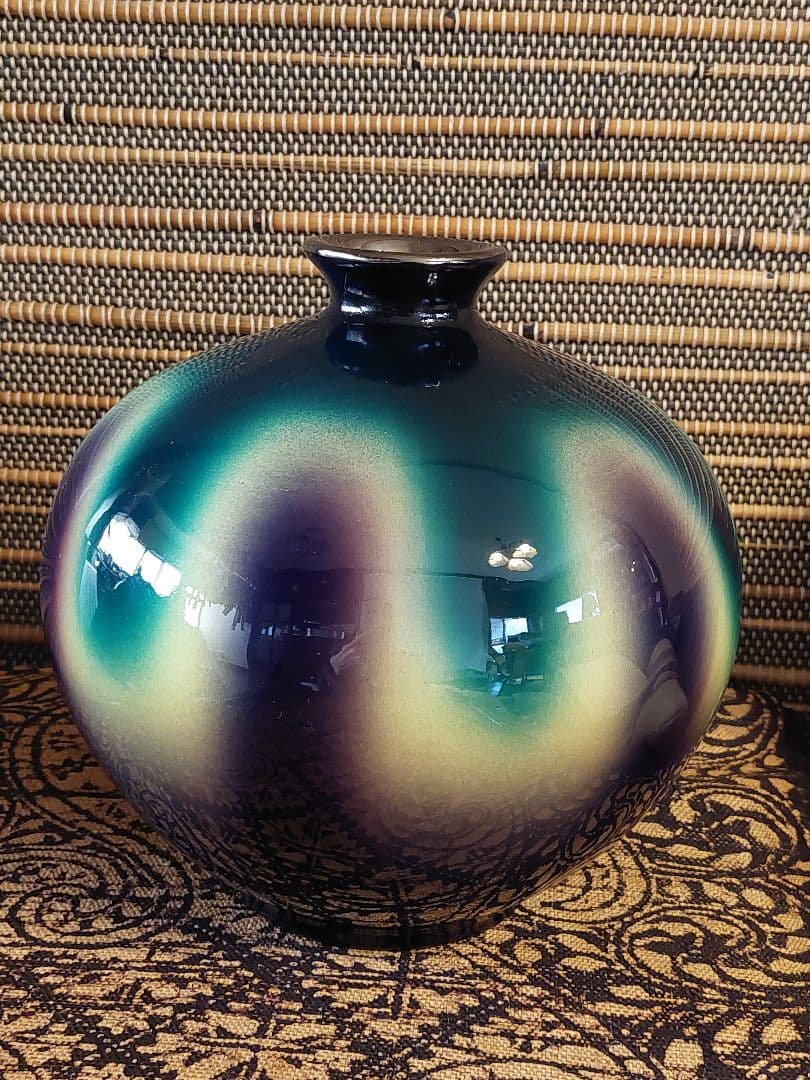 翠彩 陶器製 丸型花瓶⭐黒翠七宝☆花瓶☆翠彩