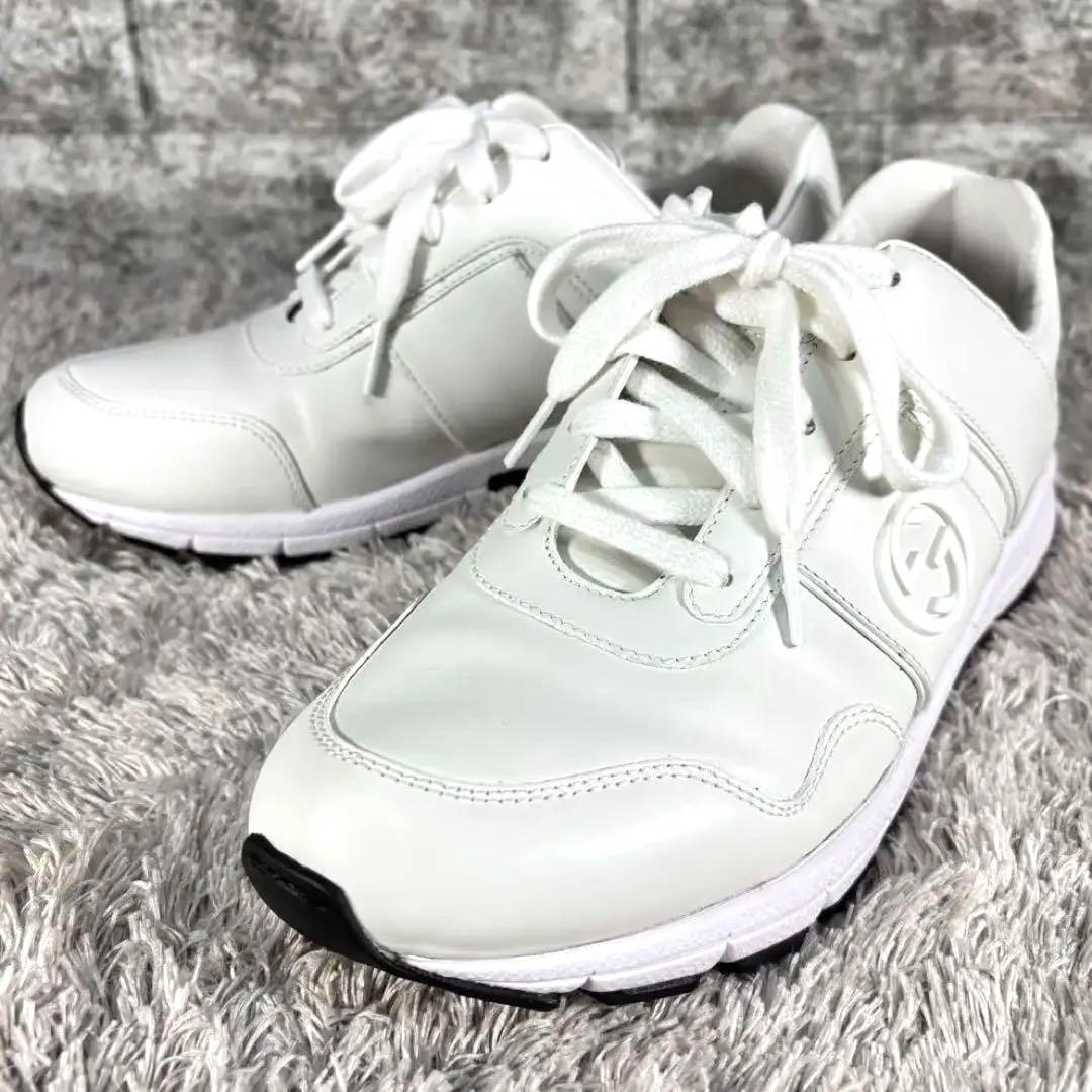 新品級❣️GUCCI グッチ ロゴマーク レザー スニーカー オールホワイト