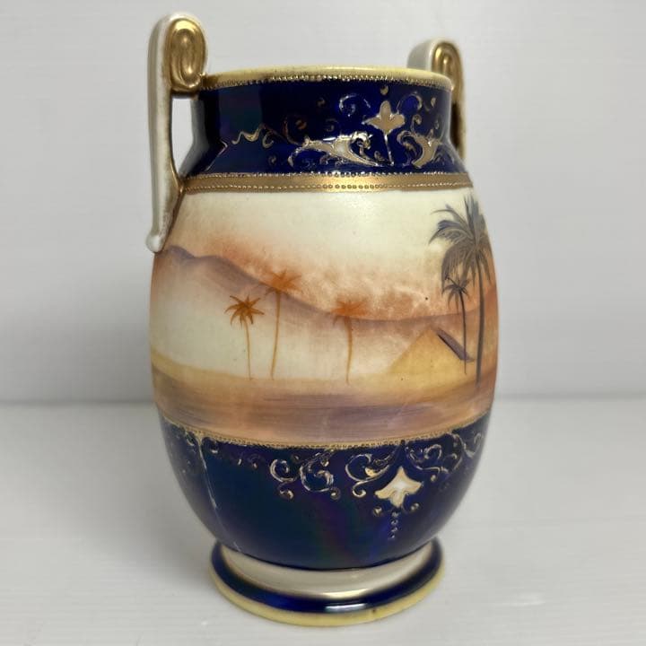 1908年代 オールドノリタケ 耳付き花瓶 壺 金盛上藍砂漠風景