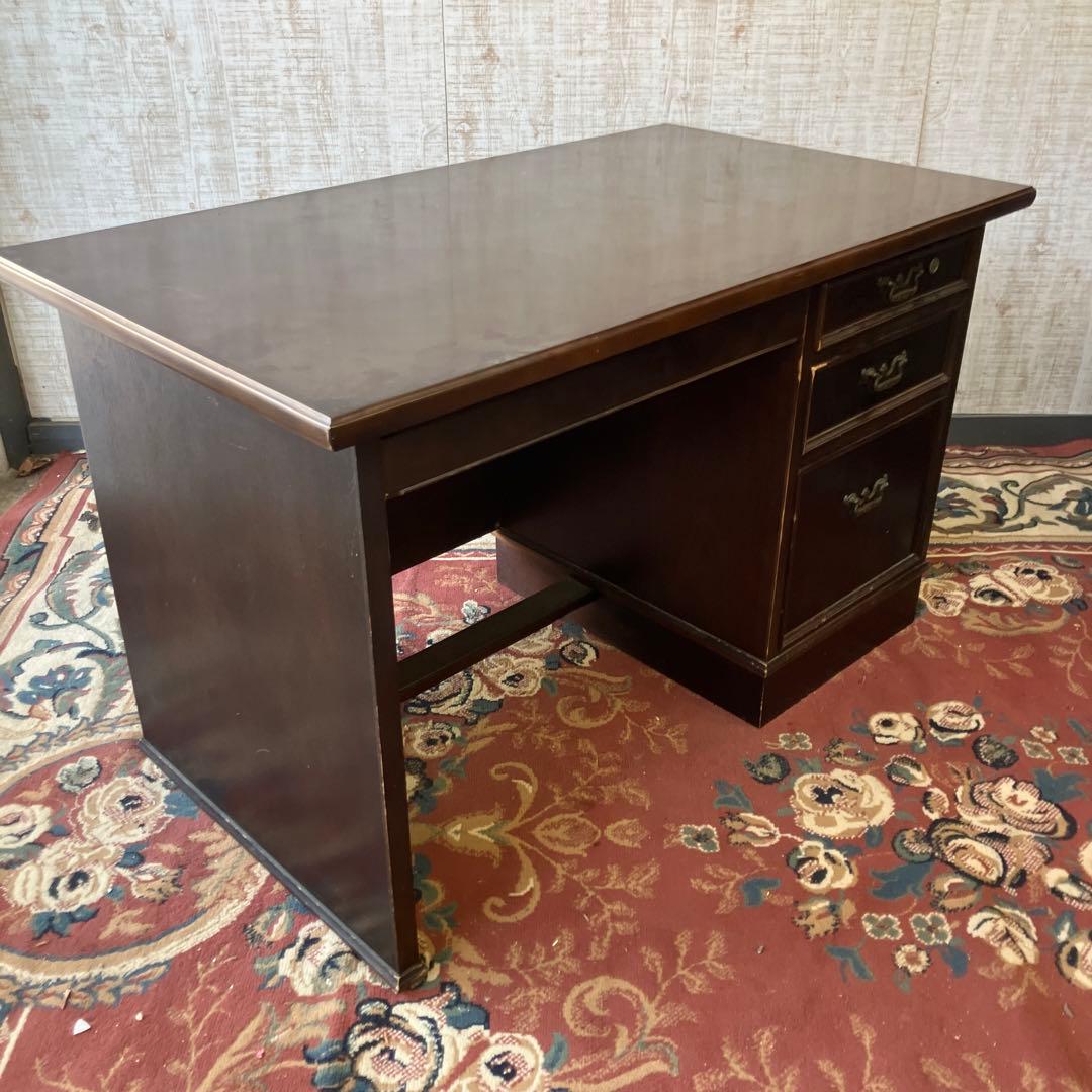 昭和レトロ カリモク イギリス様式 木製 書斎机 片袖 書斎机 古家具デスク