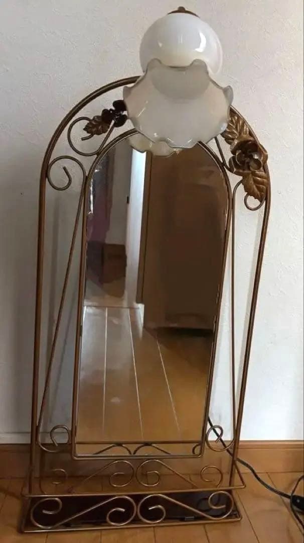 アンティーク調 照明付き ウォールミラー アイアンフレーム