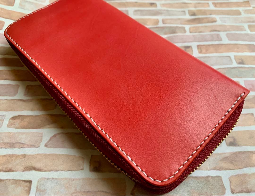 本革 上質レザー×姫路レザー 4本挿しラウンドファスナーペンケース 赤 手縫い