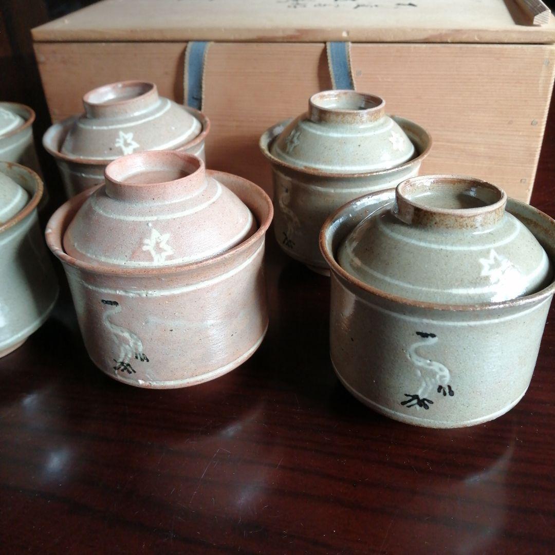 東雲焼　横井米禽　不俊斎好立鶴小蓋茶碗　6客　大正期