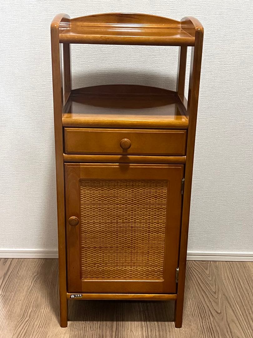 オールドカリモク 電話台 サイドキャビネット ラタン扉 木製 収納棚 昭和レトロ