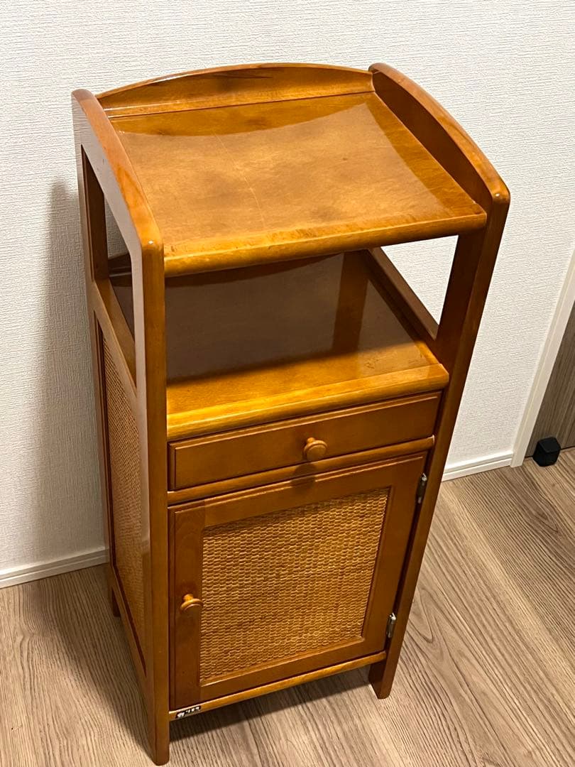 オールドカリモク 電話台 サイドキャビネット ラタン扉 木製 収納棚 昭和レトロ