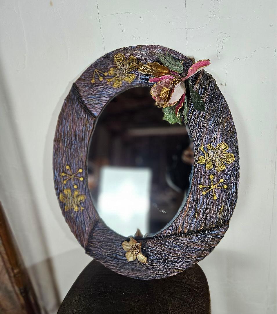 ジャパンヴィンテージ レザーフレームの鏡 ウォールミラー 壁掛け 革製