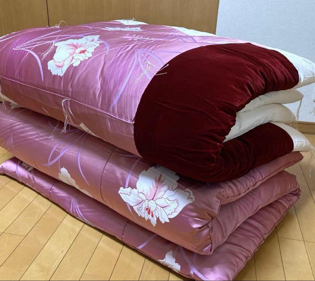 【美品】高級布団（掛・敷セット）2セット　掛カバー2枚　緞子　布団店あつらえ