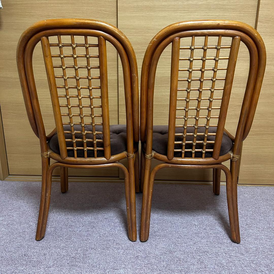 ヴィンテージ　ラタン　ダイニングテーブルセット　ガラステーブル　椅子2脚付き