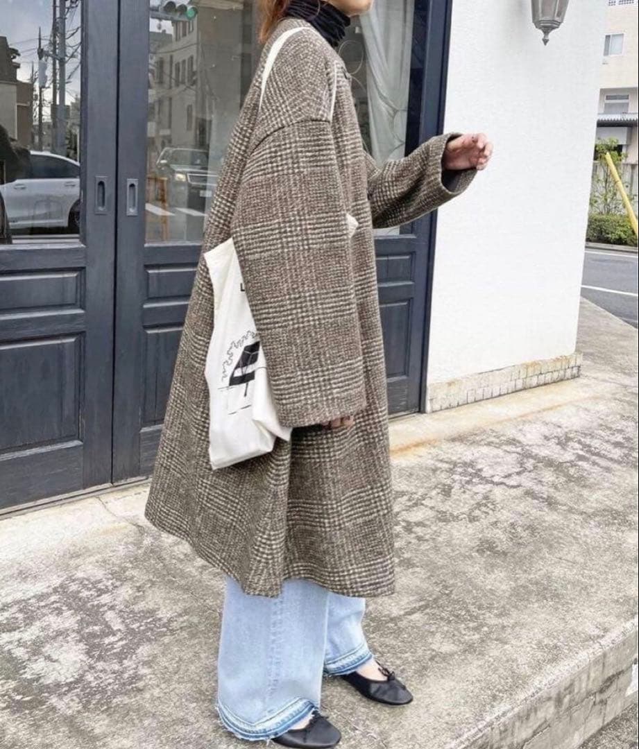 スピックアンドスパン Wスライバー ノーカラーチェックポンチョコート ブラウン