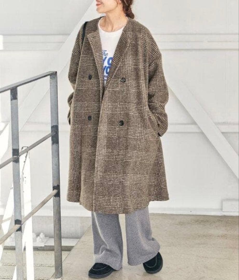 スピックアンドスパン Wスライバー ノーカラーチェックポンチョコート ブラウン