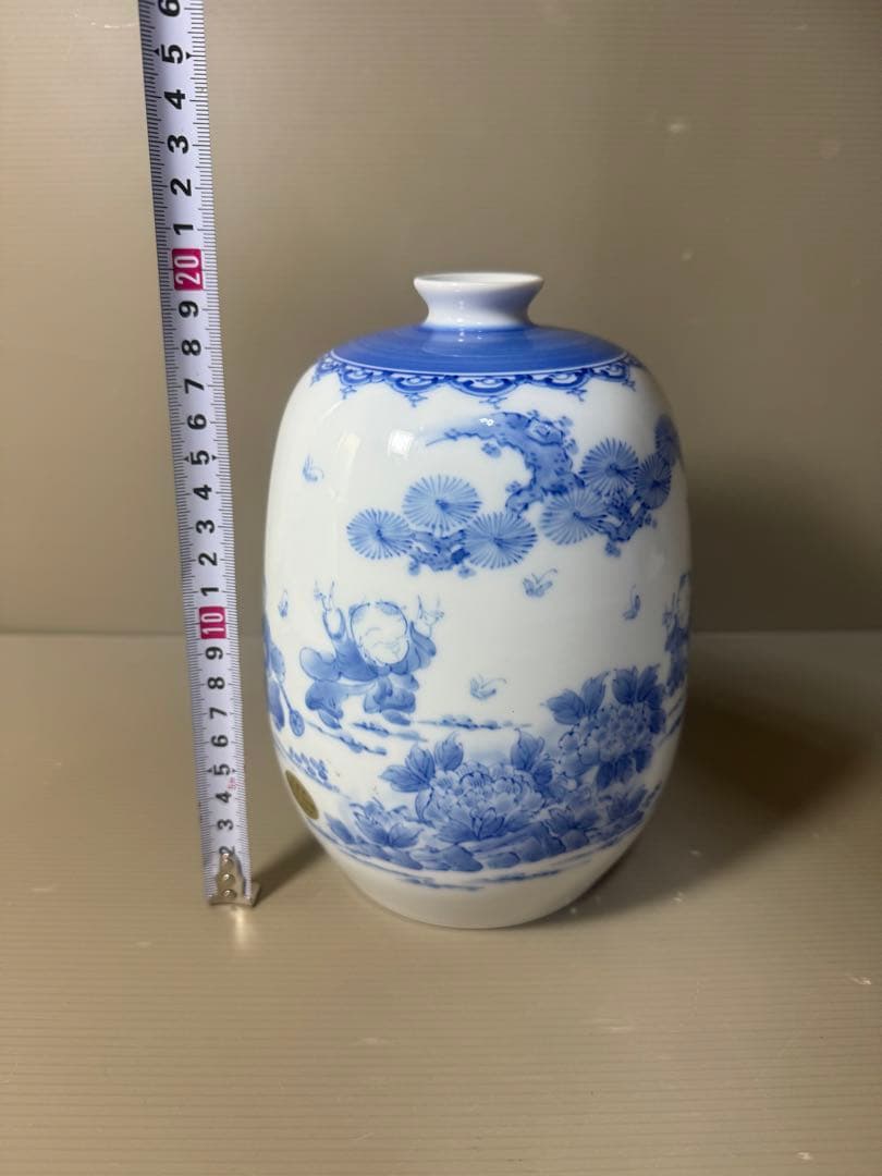 2568 平戸祐祥　染付　唐子絵　花瓶　未使用