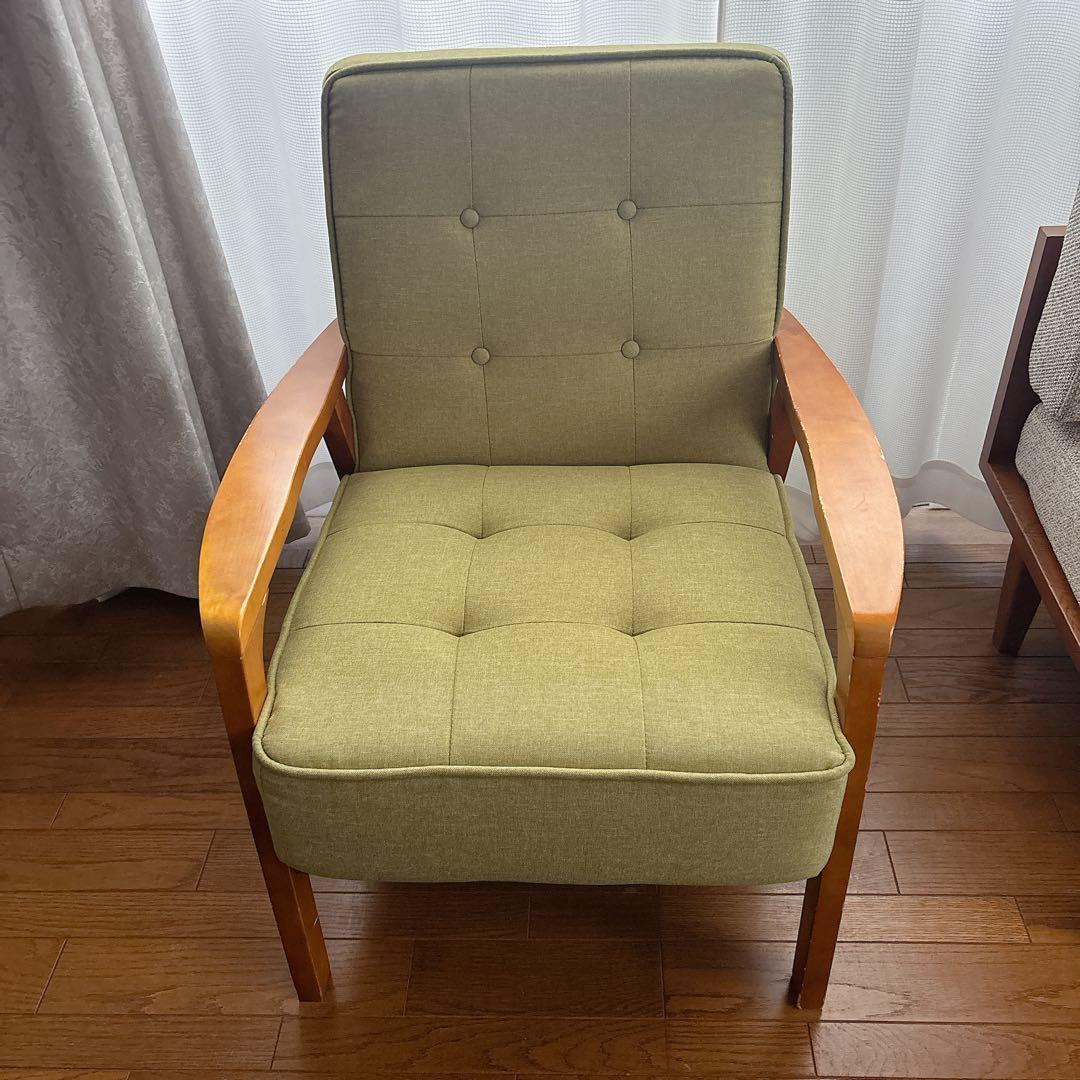 美品】ニトリ 1人掛けソファ ダイニングチェア ルッキ 天然木フレーム グリーン