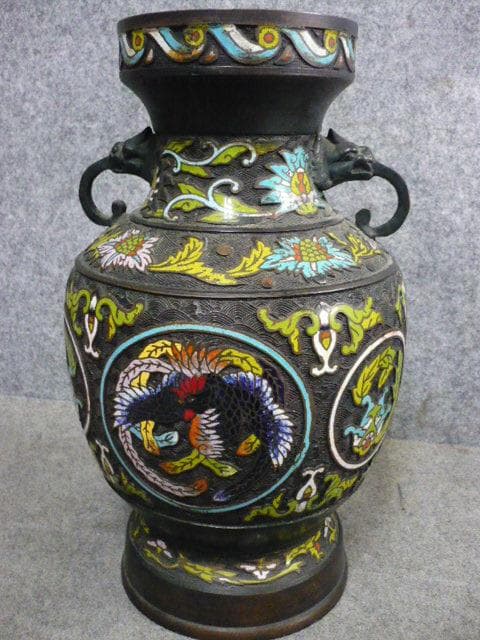 古銅七宝丸文に鳳凰図花瓶 [B31553]