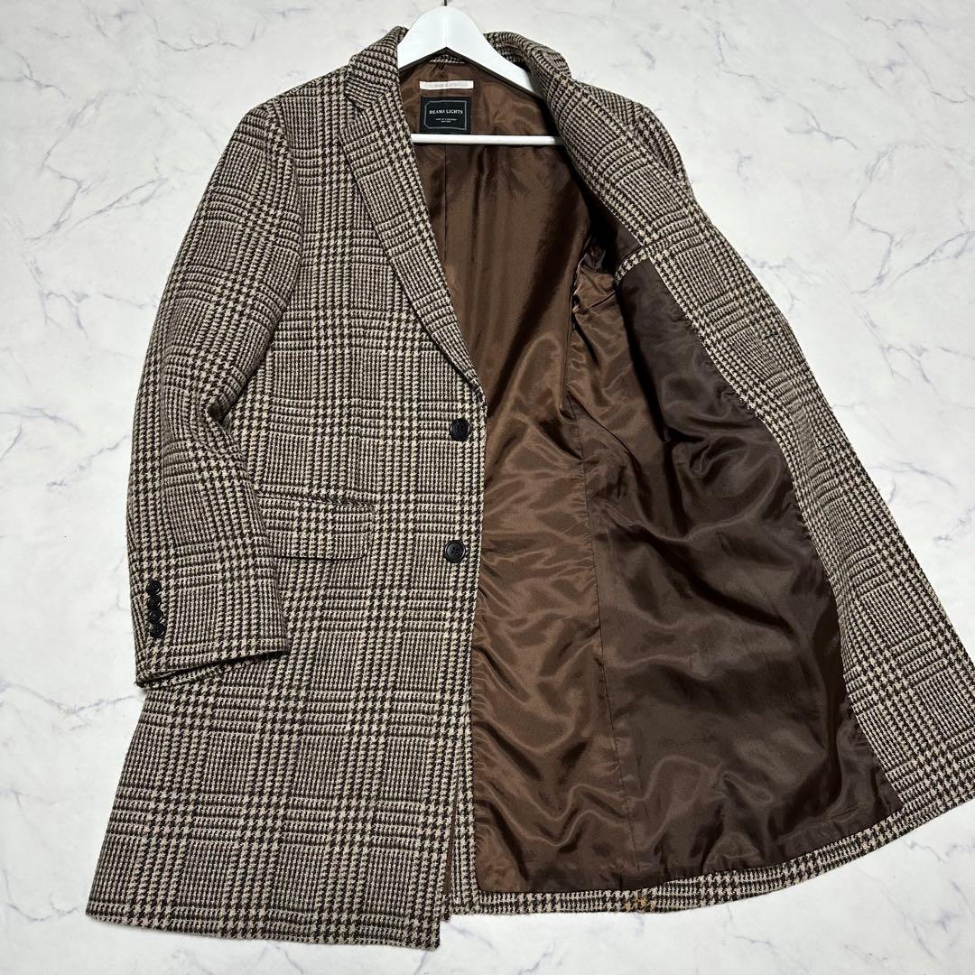 未使用級美品　ビームス　ハリスツイード　チェスターコート　ベージュ　チェック　L