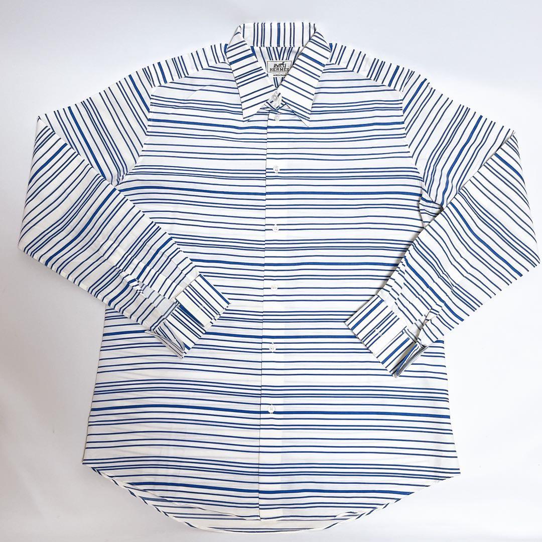 HERMES エルメス　コットン 長袖シャツ　ホワイト×ボーダー　2枚セット