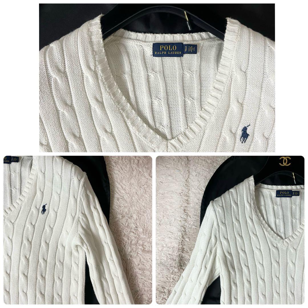 ラルフローレン ケーブルニット セーター ブランドロゴ 刺繍 白 ホワイト S