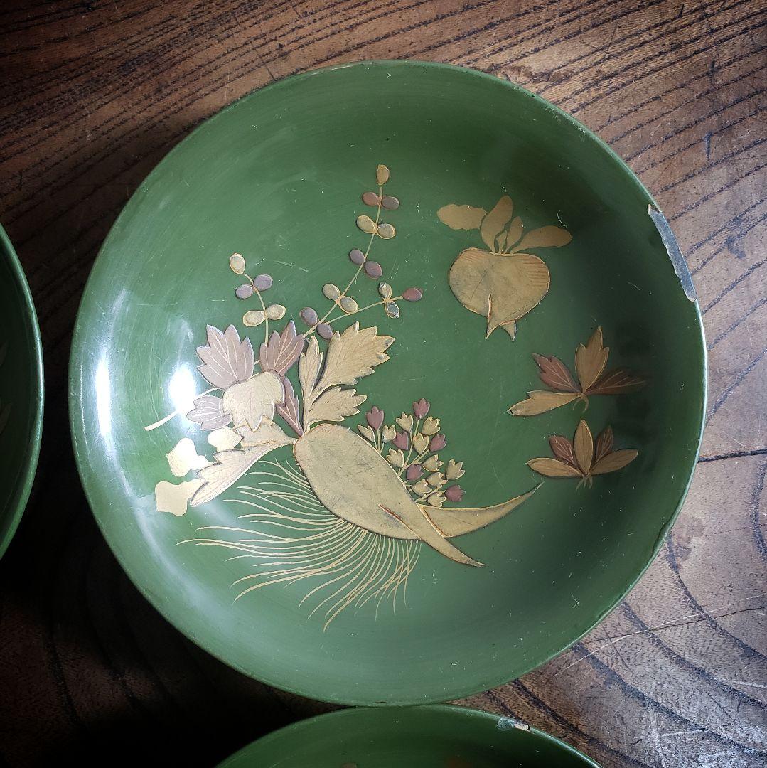 銘々皿　漆器　緑漆　青地　小皿　木製　金蒔絵　蕪　大根　なずな　明治　4枚　ロ号