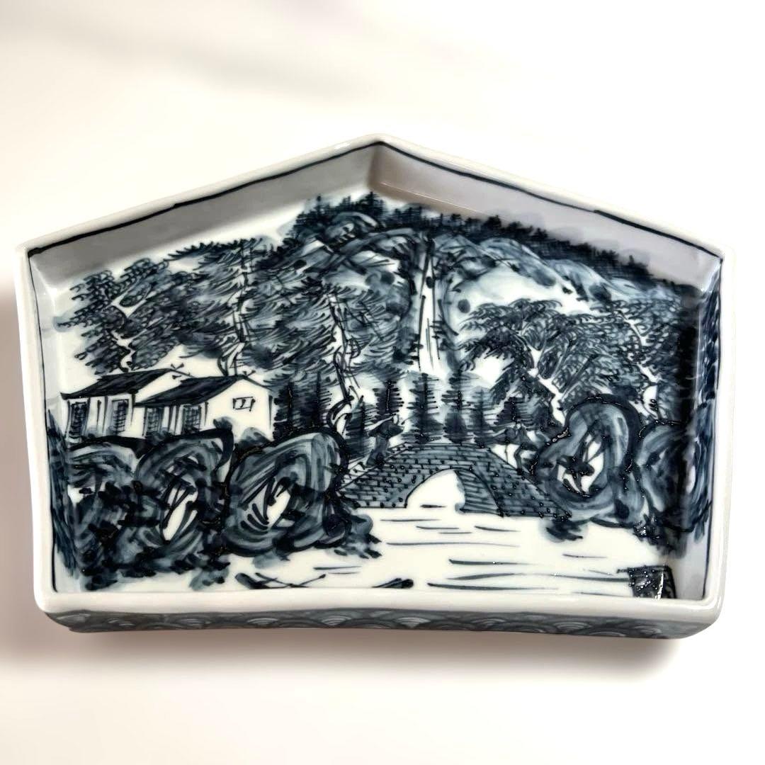 京焼 清水焼 六齋窯 村田幸之介 染付 五角皿 2個 山水画　新品未使用