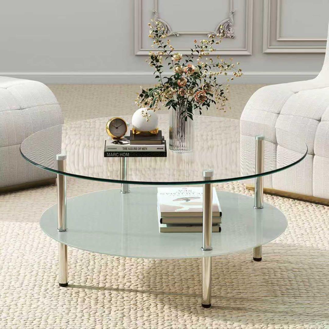 【新品】ラウンド二段コーヒーテーブル 強化ガラス+MDF収納棚 ホワイト