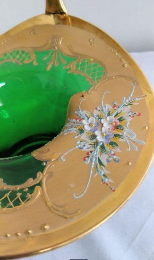 お値下げ　ベネチアンガラス バスケット グリーン　金 　花器　インテリ　美術品