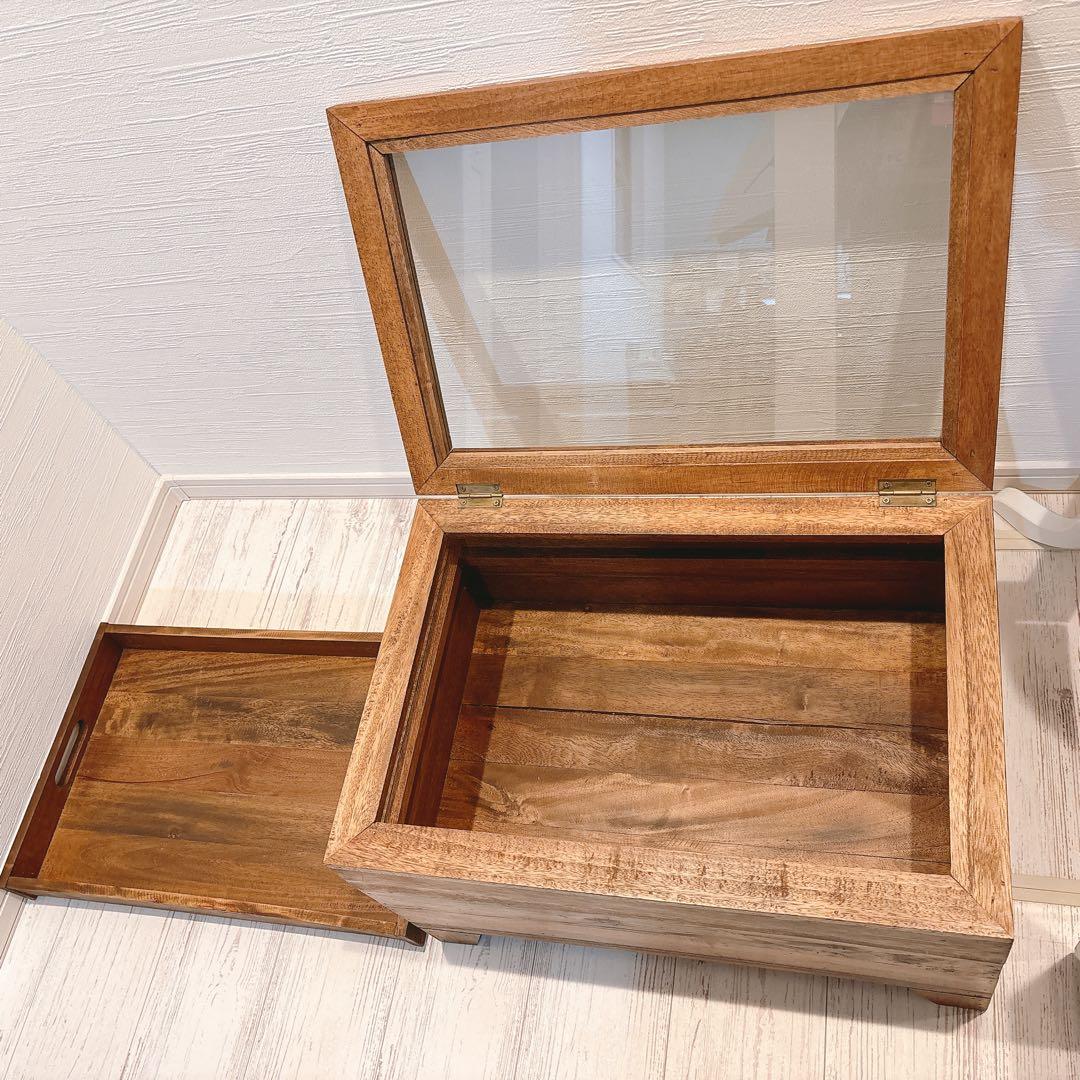 木製テーブル アクセサリーケース ディスプレイ ガラス蓋つき ガラス天板
