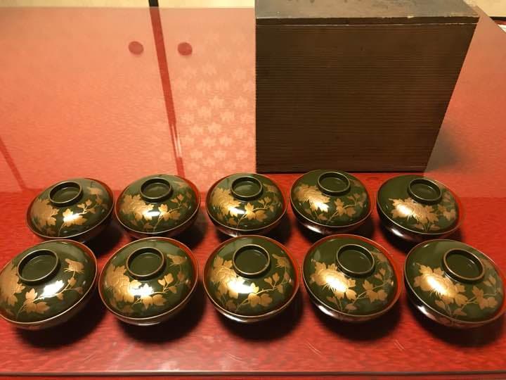 牡丹 蒔絵 小吸物椀 10客 江戸期 希少品